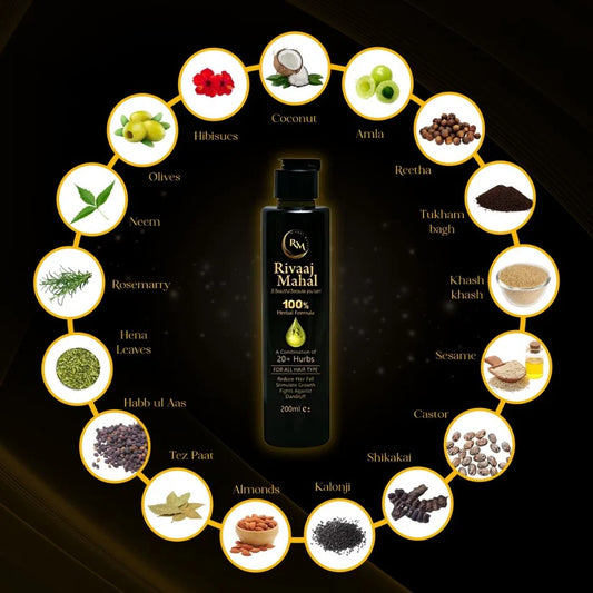 Rivaaj Mahal herbal hair oil surrounded by 20+ natural ingredients icons.