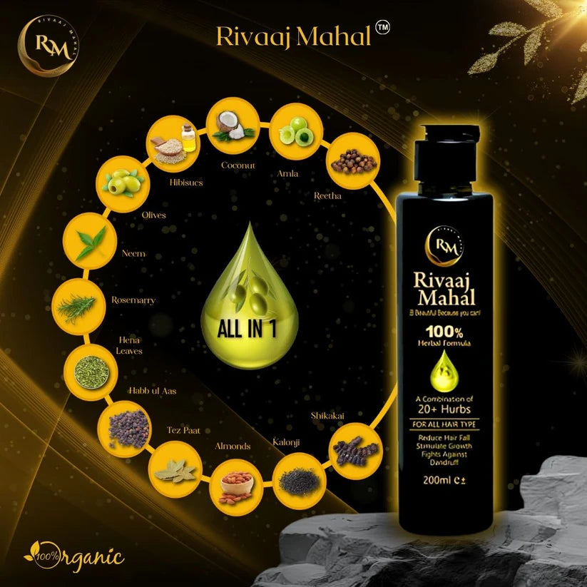 Rivaaj Mahal 100% herbal formula hair oil for all hair types.