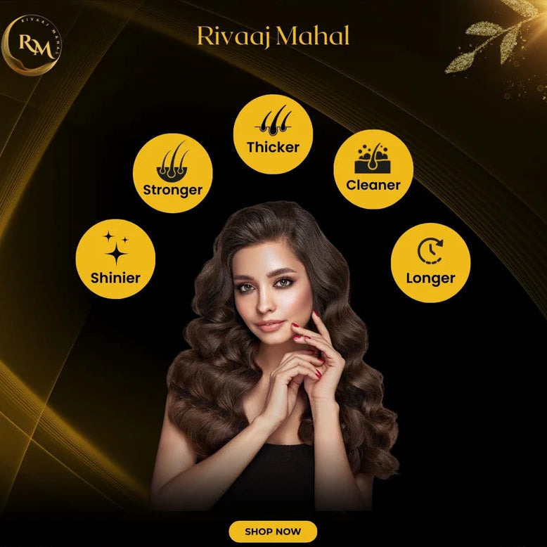 Five benefits of Rivaaj Mahal: stronger, thicker, cleaner, shinier, and longer hair.