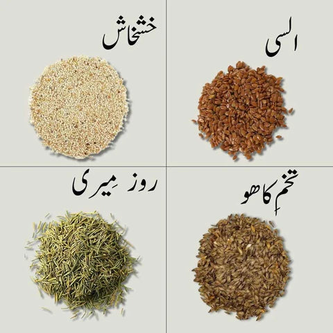 Natural hair care ingredients: poppy seeds, flaxseeds, rosemary, and lettuce seeds.