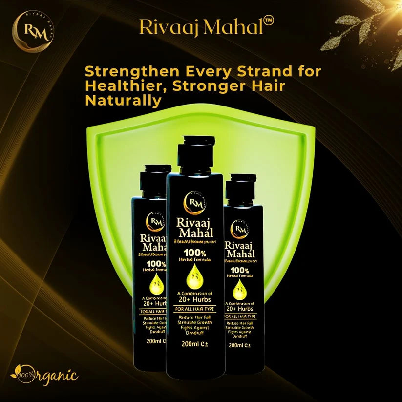Three bottles of Rivaaj Mahal hair oil in front of a green shield for hair protection.