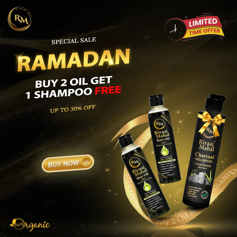 Rivaaj Mahal Ramadan sale: Buy 2 hair oils and get 1 charcoal shampoo free.