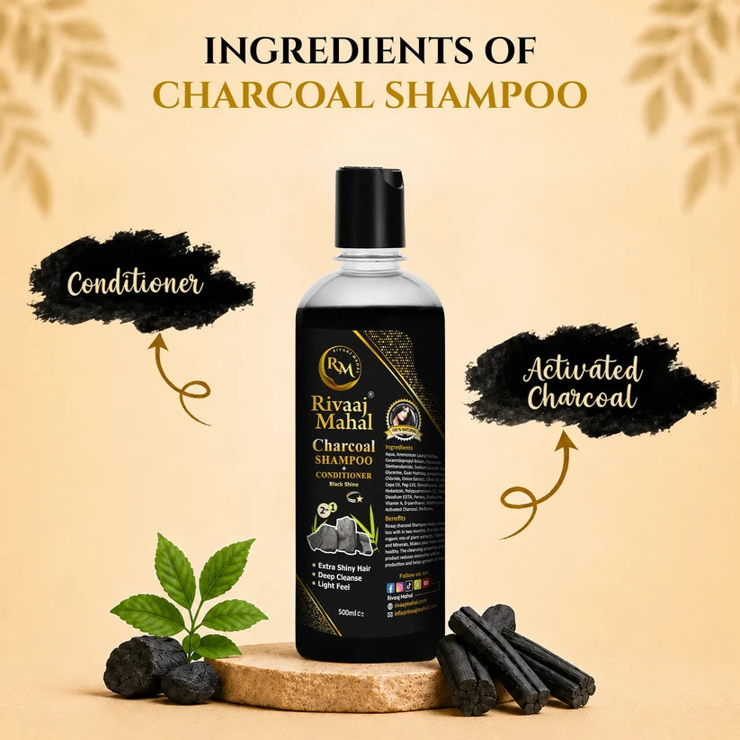 Rivaaj Mahal shampoo bottle with activated charcoal and conditioner formula.