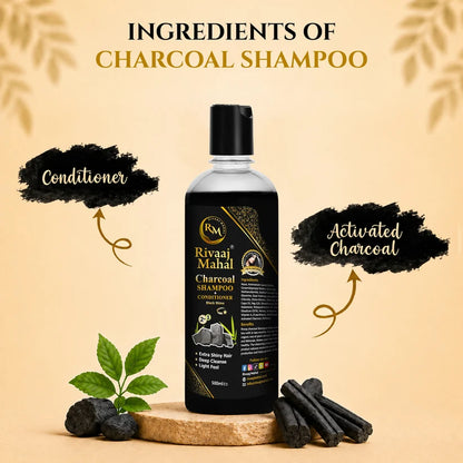 Rivaaj Mahal shampoo bottle with activated charcoal and conditioner formula.
