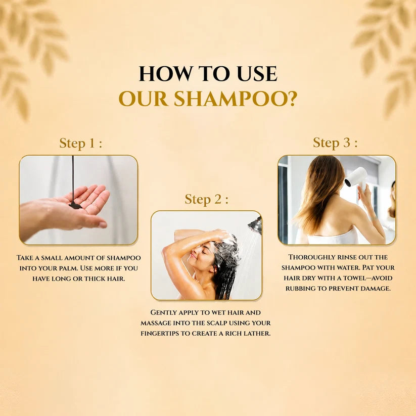 Step-by-step hair washing guide showing how to use Rivaaj Mahal shampoo properly.
