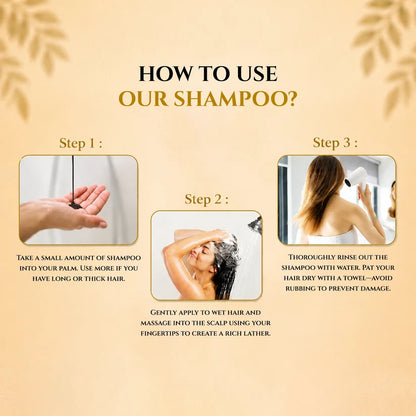 Step-by-step hair washing guide showing how to use Rivaaj Mahal shampoo properly.